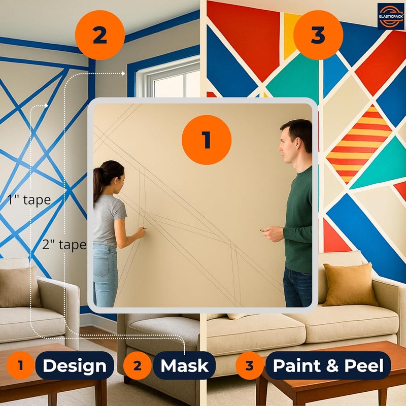 Elasticpack Painters Tape Dual Width 6-Pack - 3×1" + 3×2", 55 yd ea - Clean Removal Masking Tape for Accent Wall & Geometric Painting, Indoor Trim, Furniture & DIY - UV Resistant, Crepe Paper, Blue - Image 4